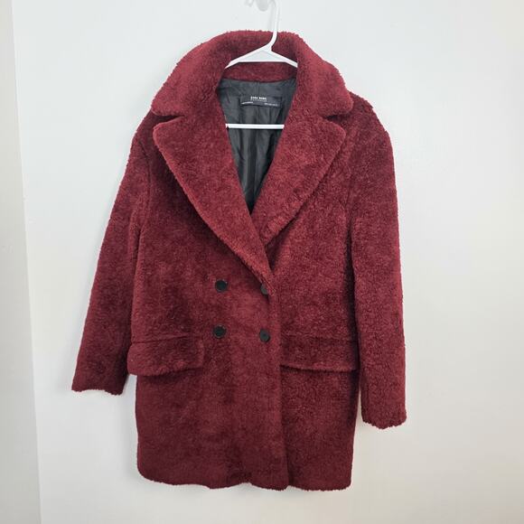 Zara Burgundy Wool Blend Double Breasted Thick Outdoor Pea Coat Size Small - Picture 3 of 9